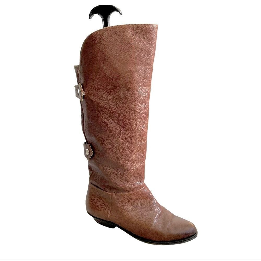 BRAVO BROWNS Italy Brown Leather Flat Tall Boots Buckles 36